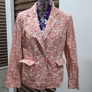 Vintage Ann Taylor Pink & White Rose Print Suit Jacket Blazer Camp 100% Cotton 6